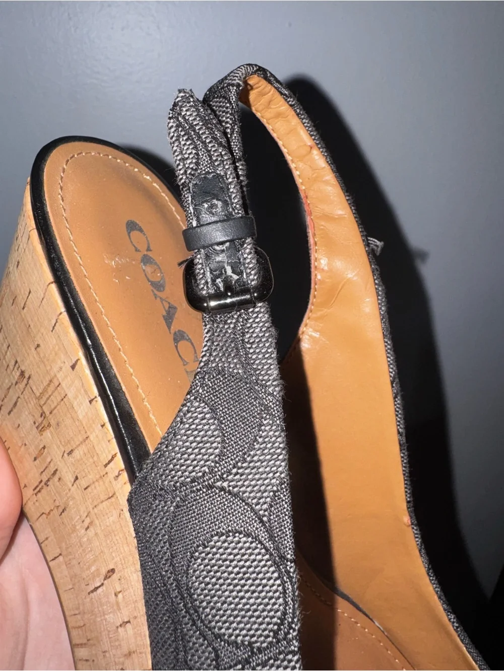 Coach Signature Dark Gray Peep-Toe Slingback Wedge Sandals 9B